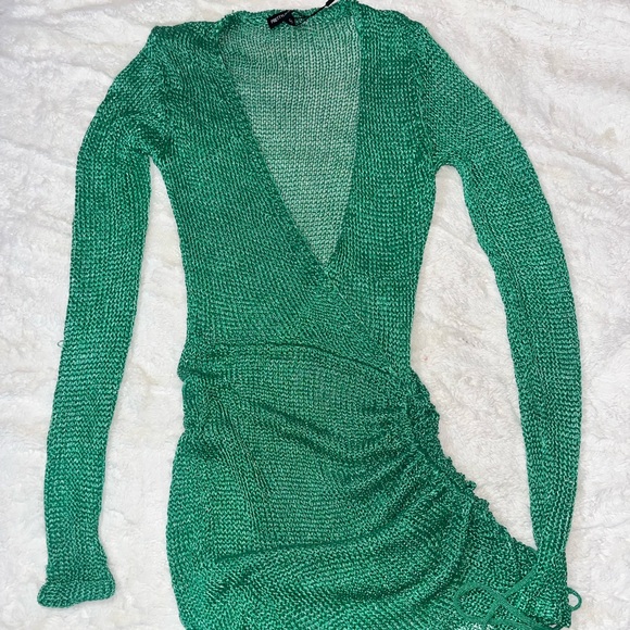 Green Metallic Knitted Wrap Front Dress - Picture 4 of 7